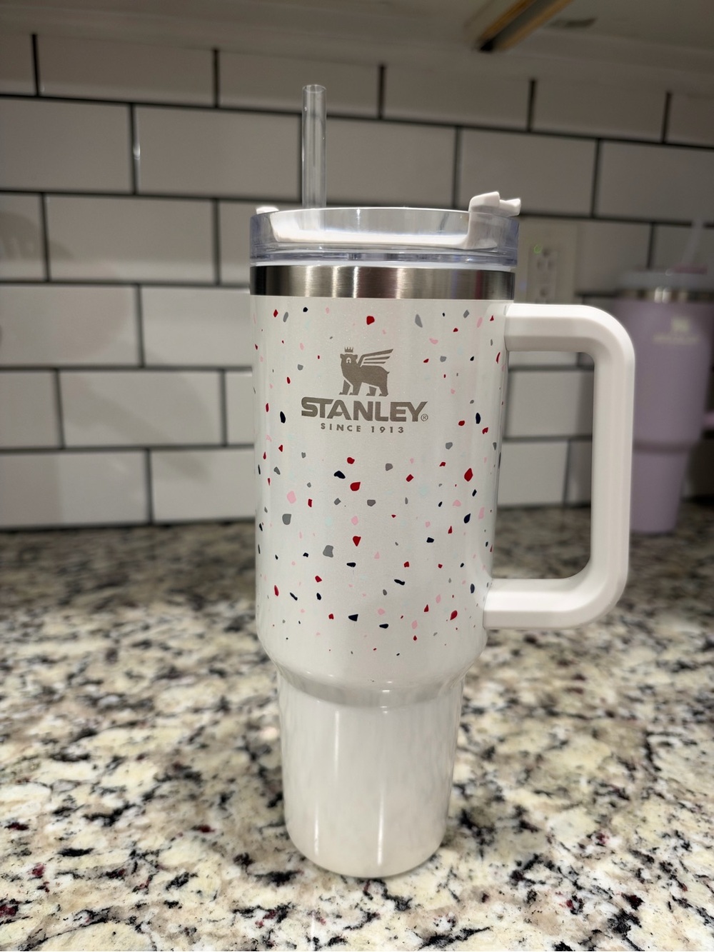 Stanley White Travel Tumbler with Red and Black Speckle